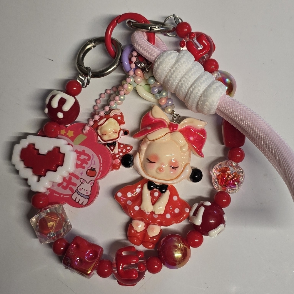 Kids Red & Pink Character Beaded Lanyard - Cute Doll Design